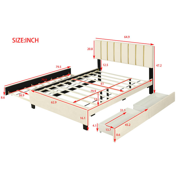 Queen Size Upholstered Platform Bed with 2 Drawers and 1 Trundle, Classic Metal Strip Headboard Design, Beige