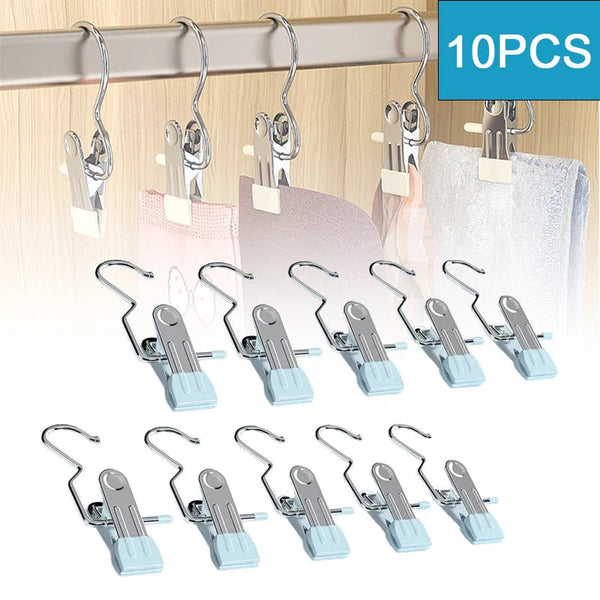 10pcs Stainless Steel Clothespins Laundry Clothes Pegs With Hook Portable Hanging Clothes Clip Wardrobe Clothes Organizer Hanger
