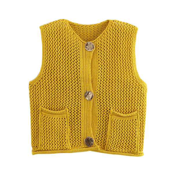 Street Fashion Crochet Hollow Vest Solid Color Versatile Round Neck Jacket