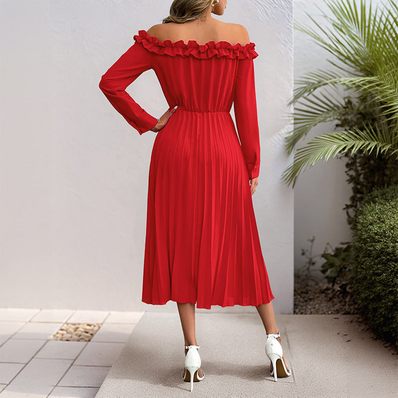 One-Shoulder Long Sleeve Solid Color Women's Dress