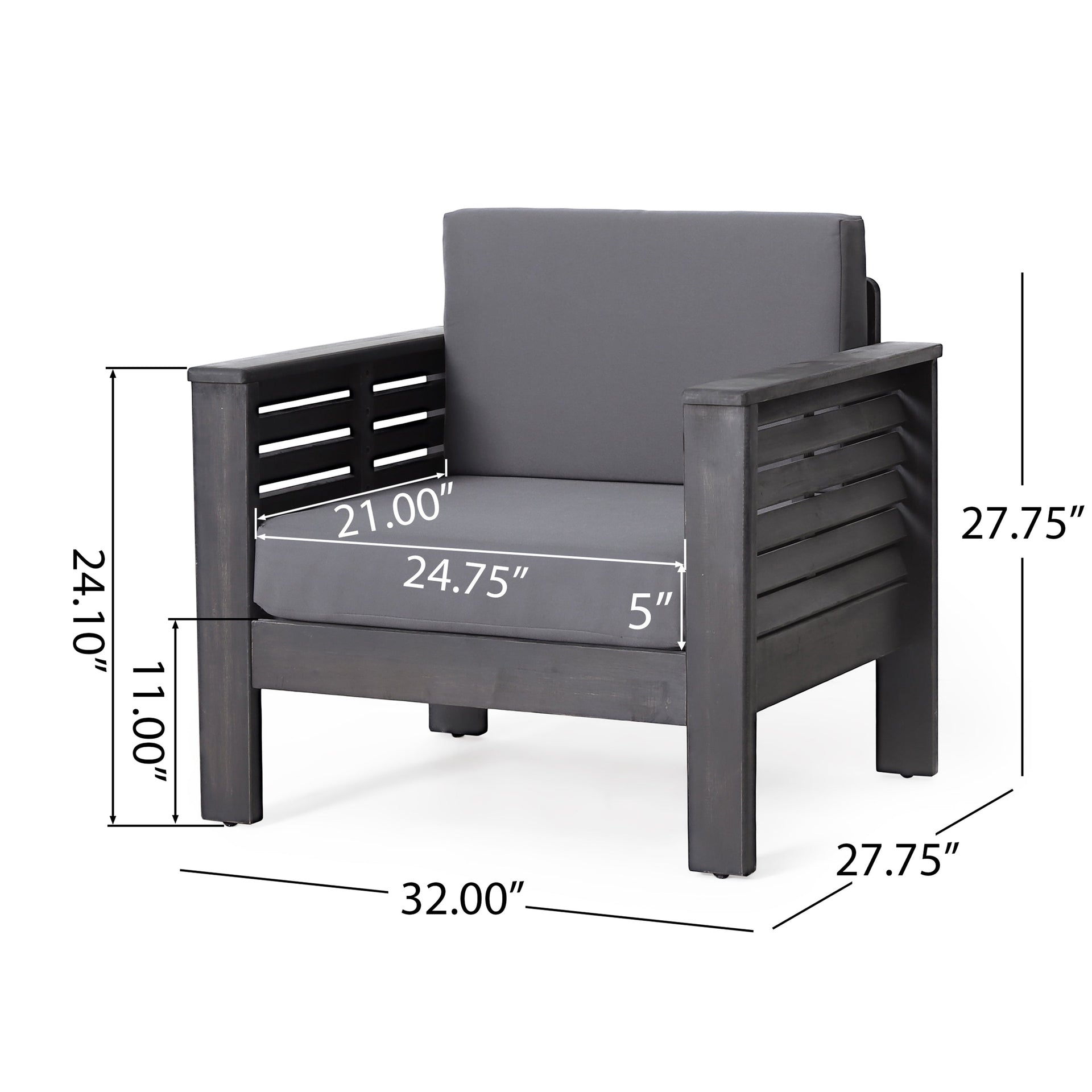 ( Set of 2) Outdoor Acacia Wood Club Chairs with Cushions, Dark Gray, 27.75