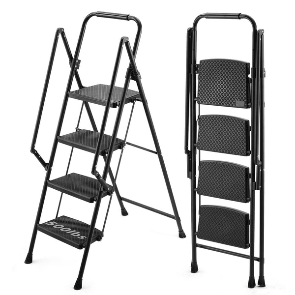 Four step ladder, lightweight folding four step stool, wide anti slip pedal and safety handle, sturdy steel ladder