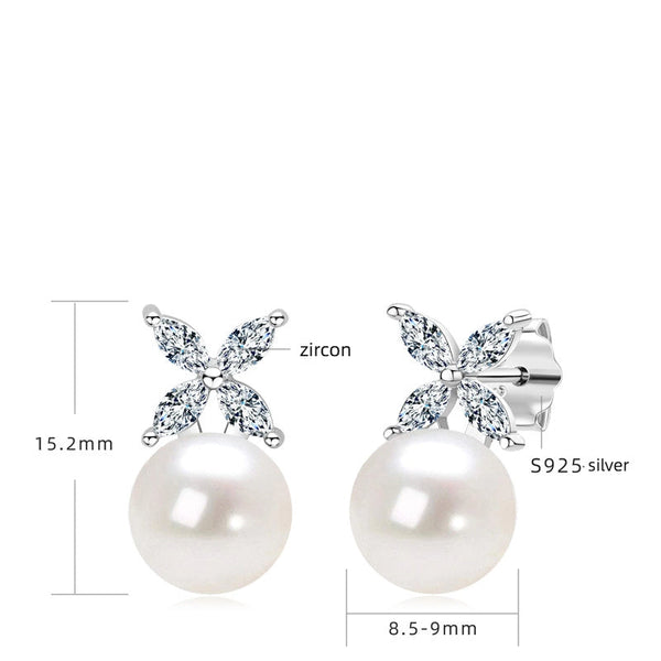 Fashionable freshwater pearl earrings s925 pure silver round strong light bulb earrings