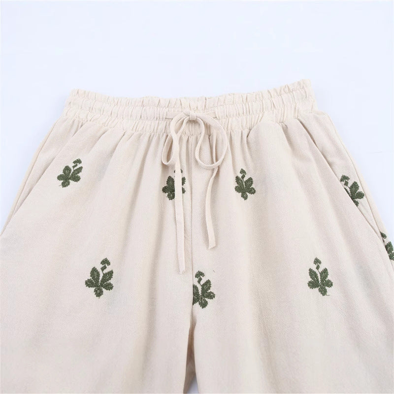 Elastic Waist Tied Embroidered Wide Leg Pants for WomenStyle Fashion Casual