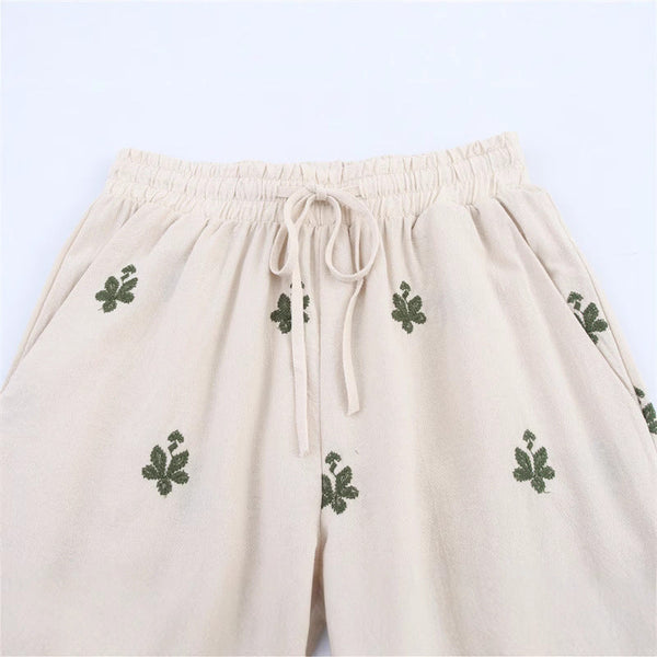 Elastic Waist Tied Embroidered Wide Leg Pants for WomenStyle Fashion Casual