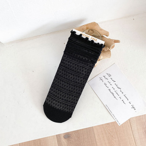 1 pair of socks for women summer thin black middle tube socks Japanese lace ballet style socks mesh breathable pile socks
