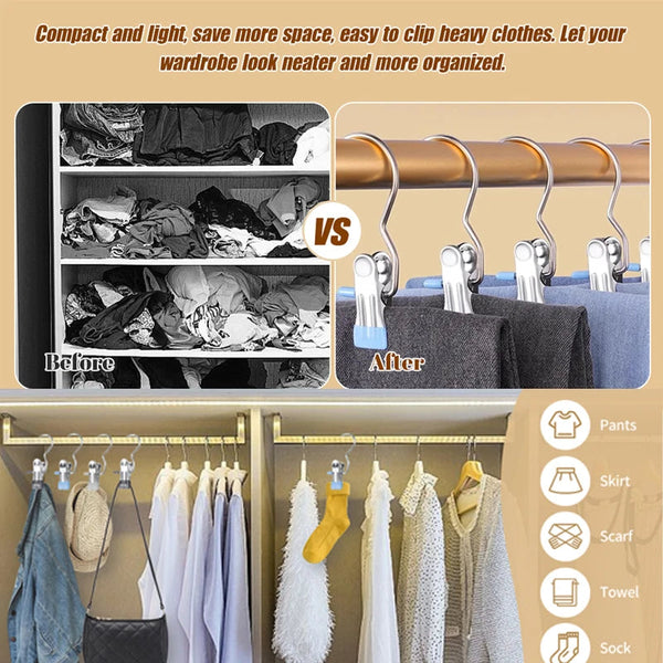 10pcs Stainless Steel Clothespins Laundry Clothes Pegs With Hook Portable Hanging Clothes Clip Wardrobe Clothes Organizer Hanger