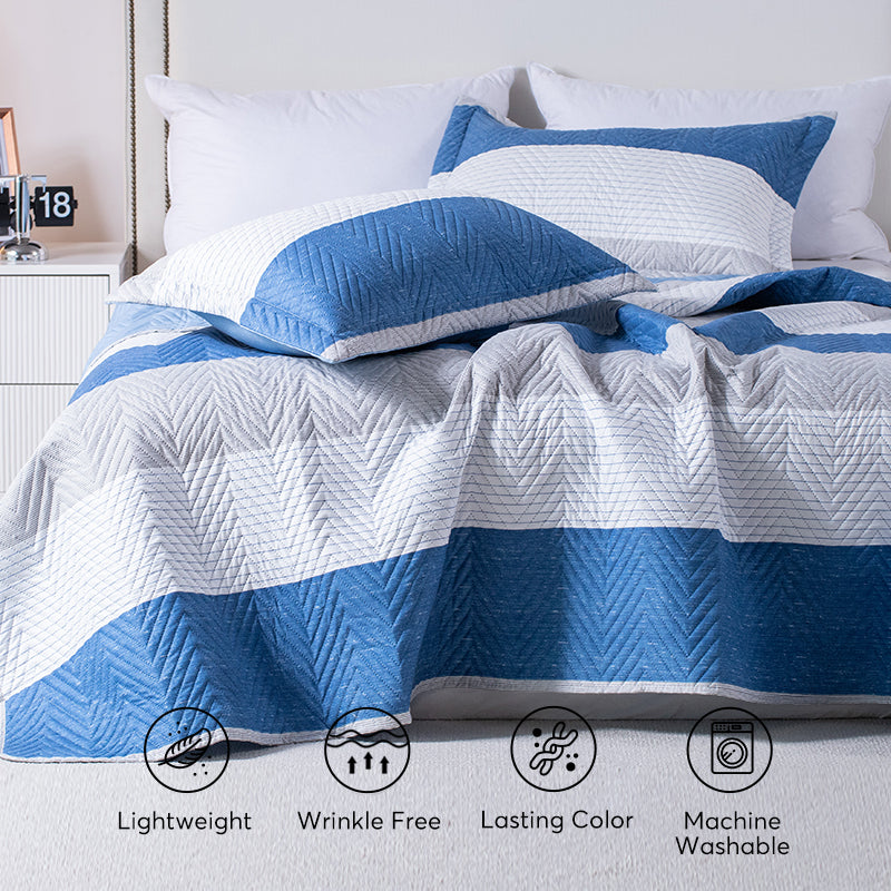Kasentex Lightweight Reversible Stripe Quilt Set Bedding- Sky Blue and Ivory White, Room Decor, Graduation Gifts, Father's Day Gift