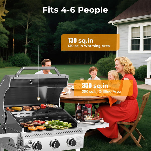 3 & 4-Burner Propane Gas Grills with Side Burners, for Outdoor Cooking, BBQ, Patio, Camping