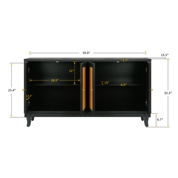 Handcrafted Premium Grain Panels Rattan Sideboard Buffer Cabinet Accent Storage Cabinet With 4 Rattan Doors BLACK