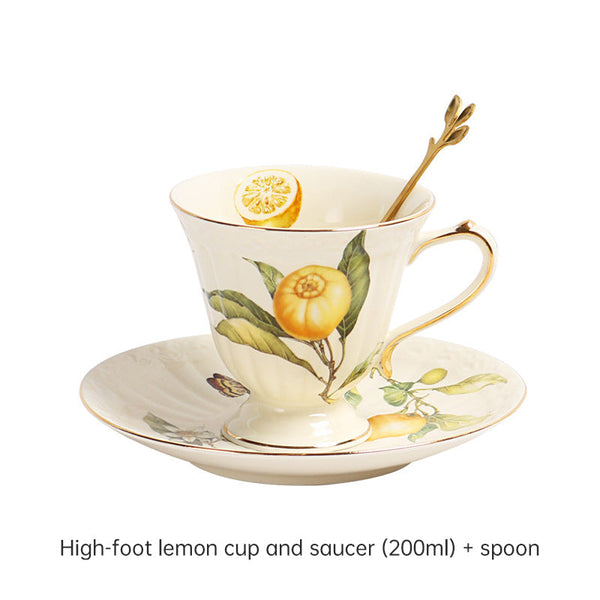 European - style Elegant Lemon Espresso Cups Set: Includes Tea Cups, Saucers, Ceramic Mugs, and a Dessert Plate