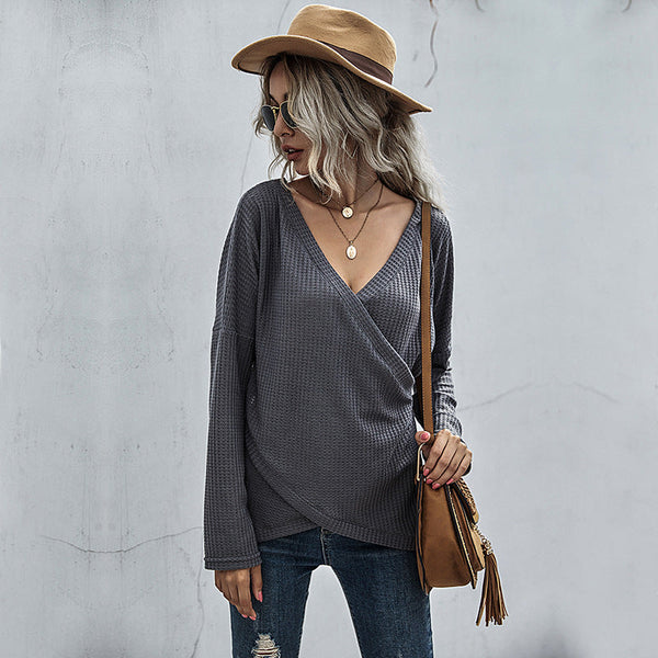 Waffle-Knit Surplice Long Sleeve Top