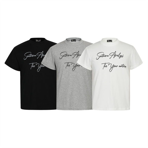 Handwritten English Letter Print Short Sleeve T-Shirt Men's Slim Fit Regular Shoulder Casual Round Neck Half Sleeve Top INS Trendy Tee