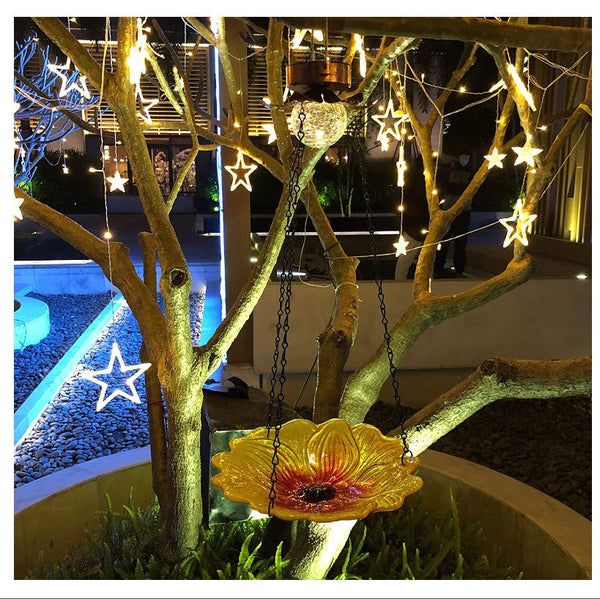 Solar Hanging Bird Bath for Outdoors 24 inch Glass Bird Feeder Sunflower Tray Crackle Ball Light Waterproof Yard Garden Decorati