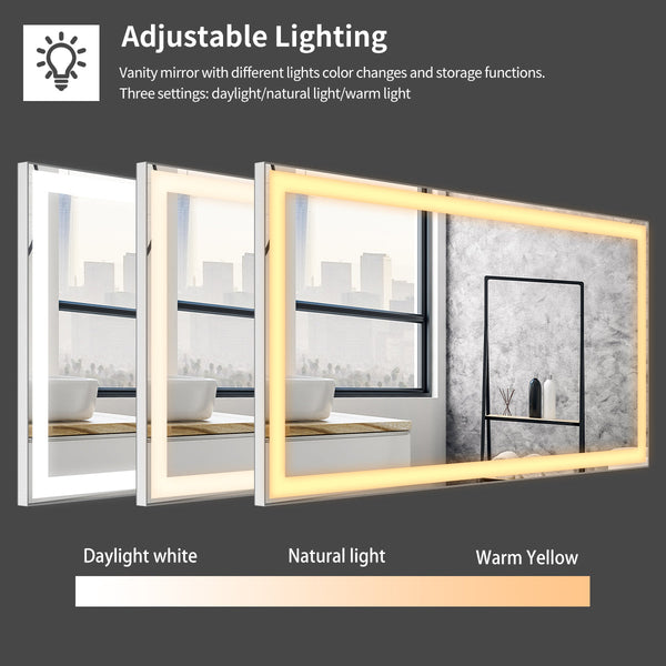 48x24 inch LED bathroom makeup mirror wall mounted adjustable light anti fog touch switch with memory intelligent large bathroom