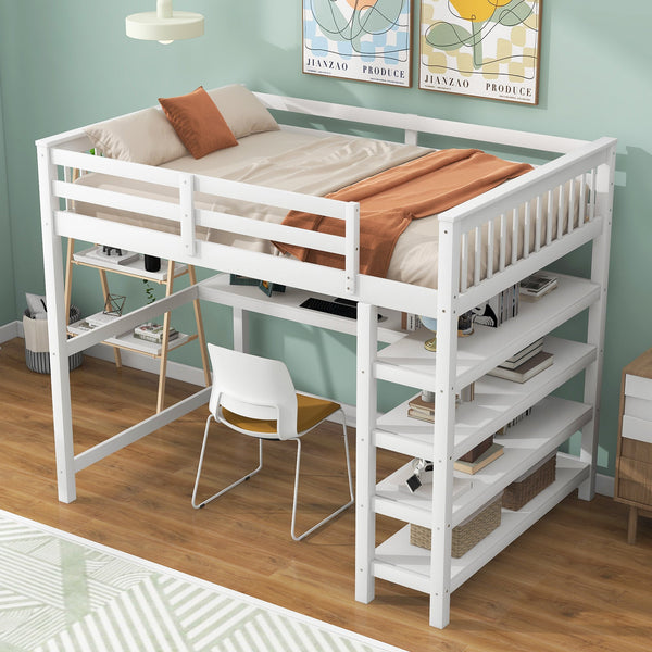 Full Size Loft Bed with Storage Shelves and Under-bed Desk  White