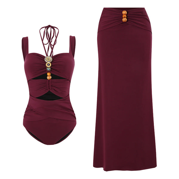 Strap decoration hollow neck hanging strap one-piece swimsuit women's long skirt set