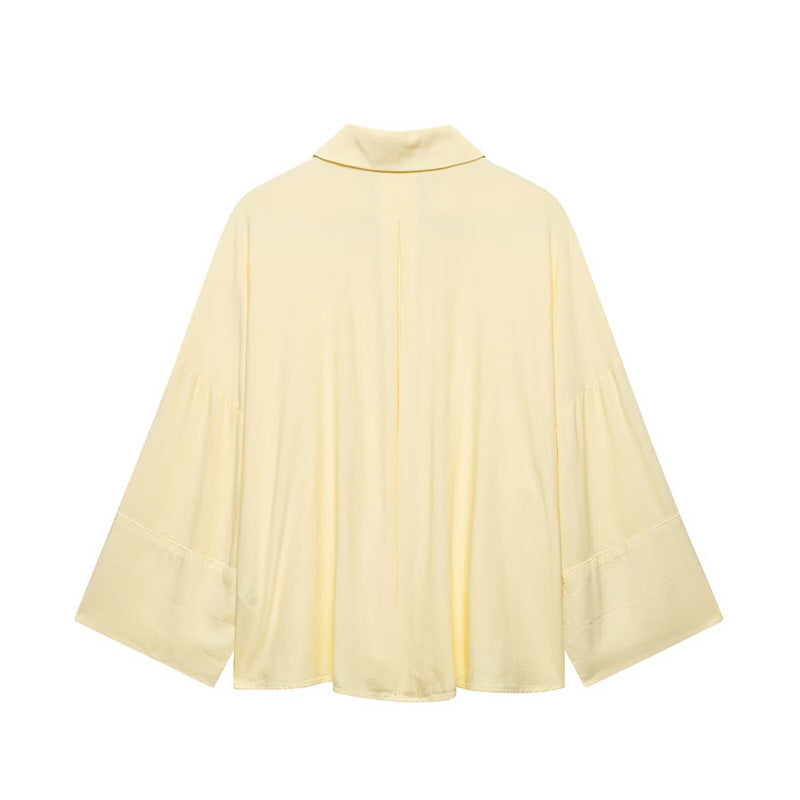 Style Women's Fashion Casual Loose Shirt with Long Wide Sleeves and Turn-Down Collar