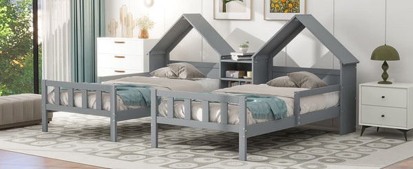 Double Twin Size Platform Bed with House-shaped Headboard and a Built-in Nightstand  Grey