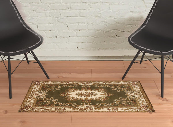 10' X 13' Green Ivory Machine Woven Hand Carved Floral Medallion Indoor Area Rug