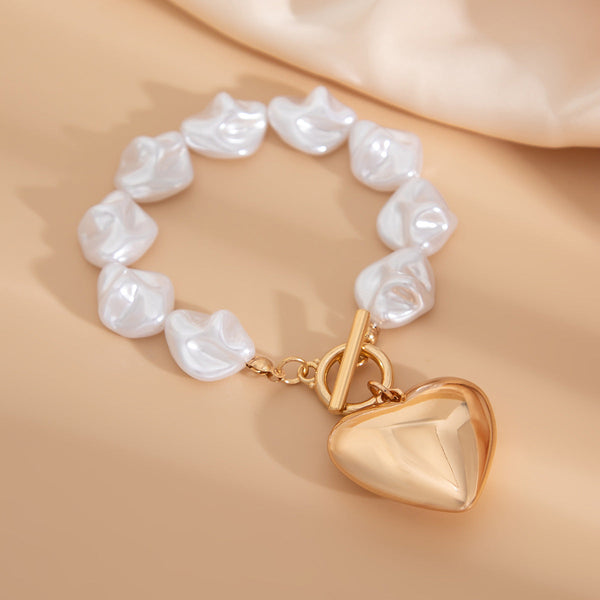 Fashionable heart-shaped hollow pendant collarbone chain simple flat bead pearl necklace set