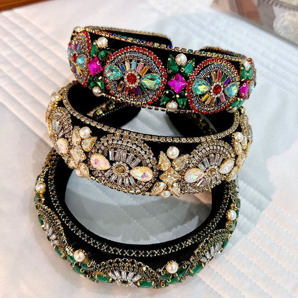 Super Sparkling Diamond Pearl Hair Hoop Baroque Retro Women's Sponge Head Hoop