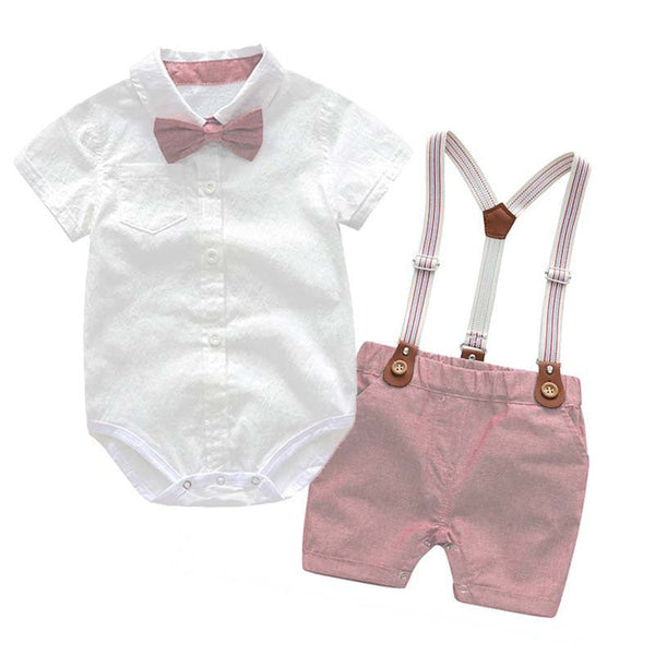 Male baby infant two-piece summer climbing suit with collar, gentleman's white shirt, overalls, tie dress, British style