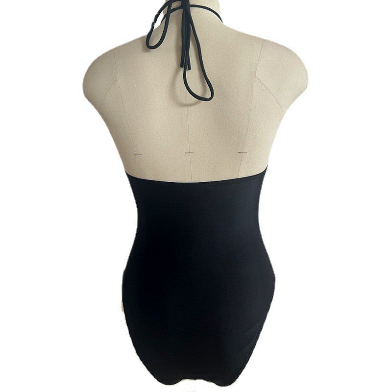 Swimsuit hollow strap sexy one-piece black tight swimsuit women's bikini