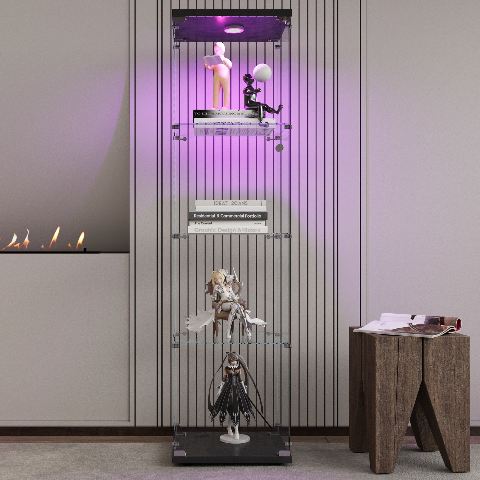 4 LED light glass display cabinets with door shelves, floor standing antique bookshelf, 64.7 