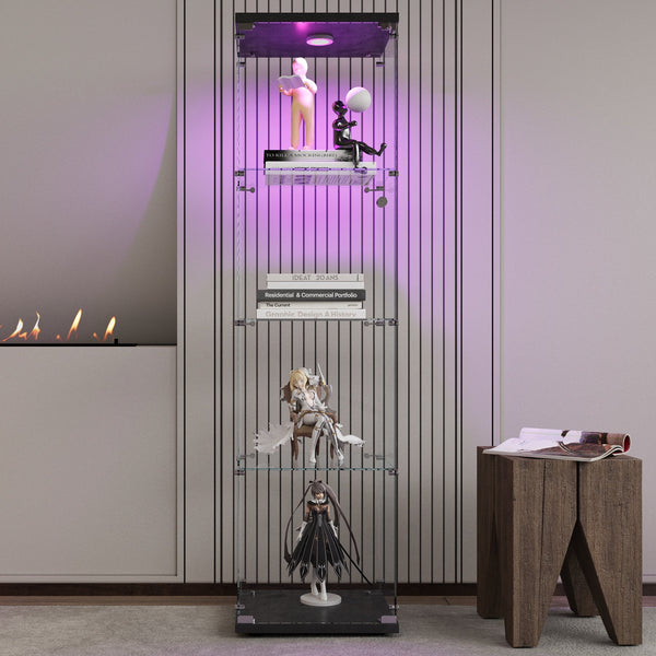 4 LED light glass display cabinets with door shelves, floor standing antique bookshelf, 64.7 
