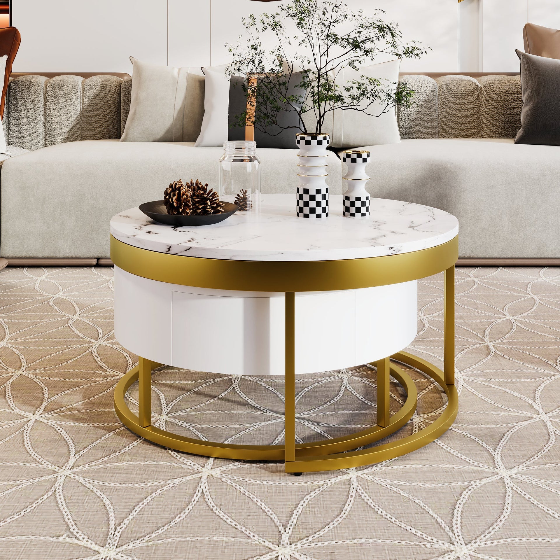 Modern Round Nesting Coffee Table with Drawers in White