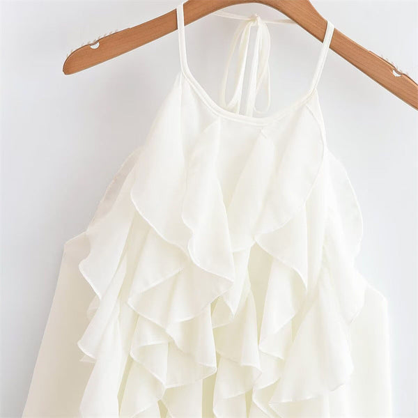 Summer New Style Women's Fashion Sexy Spaghetti Strap Ruffle Neck Tie Crop Top