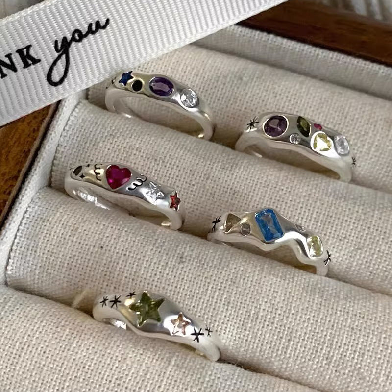 Dopamine love colored zircon diamond ring female niche index finger high-end fashion personality open ring