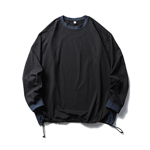 Trendy American Style Loose Long Sleeve T-Shirt for Men and Women, Breathable Quick-Dry Sun Protection with Drawstring Hem Round Neck Top