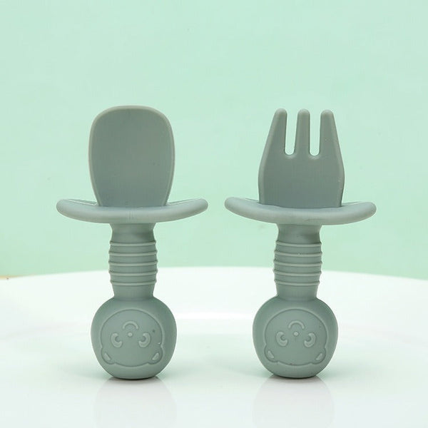 Licking Spoon for Baby Learning to Eat Training Spoon Short Handle Baby Supplementary Food Silicone Soft Spoon Fork Spoon Tableware 2-piece Set