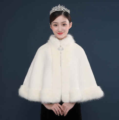 Bride's wedding dress fur shawl women's warm white cloak cheongsam jacket red cloak