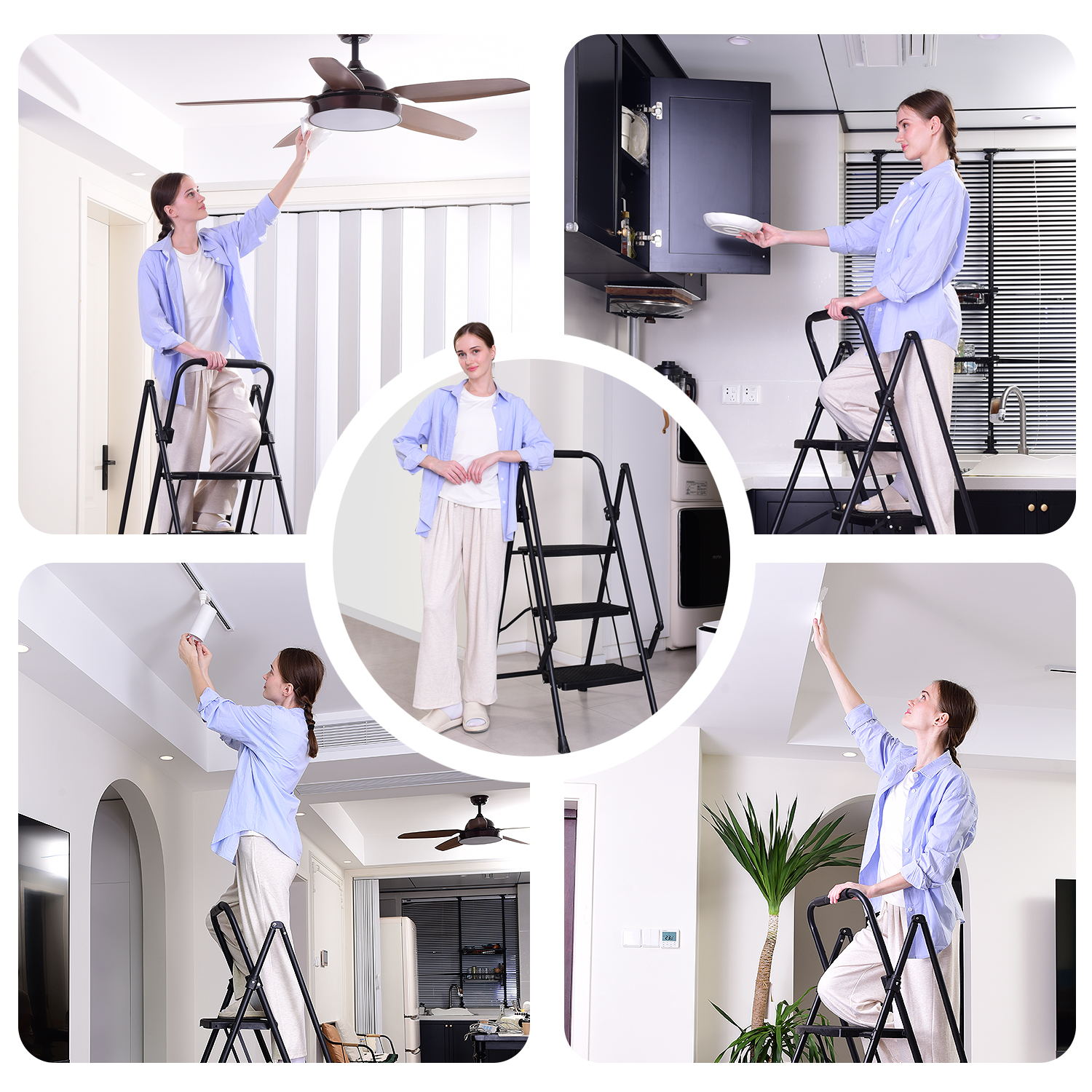 Four step ladder, lightweight folding four step stool, wide anti slip pedal and safety handle, sturdy steel ladder