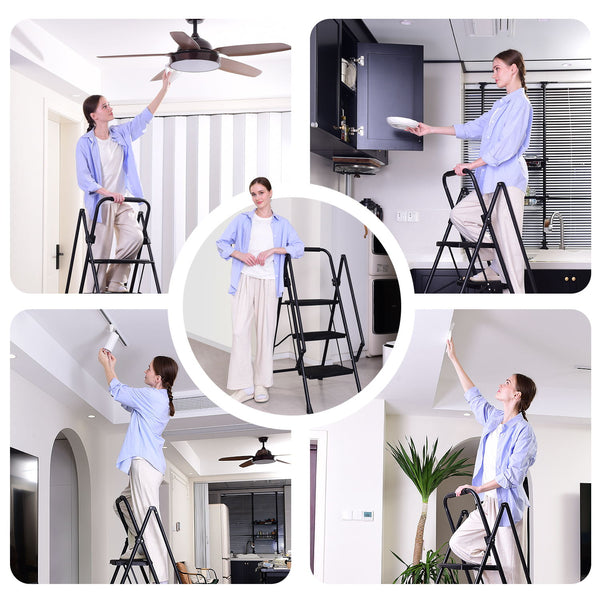 Four step ladder, lightweight folding four step stool, wide anti slip pedal and safety handle, sturdy steel ladder