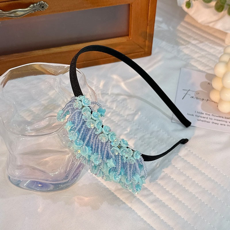 Handmade rice bead tassel flower side hair hoop for women