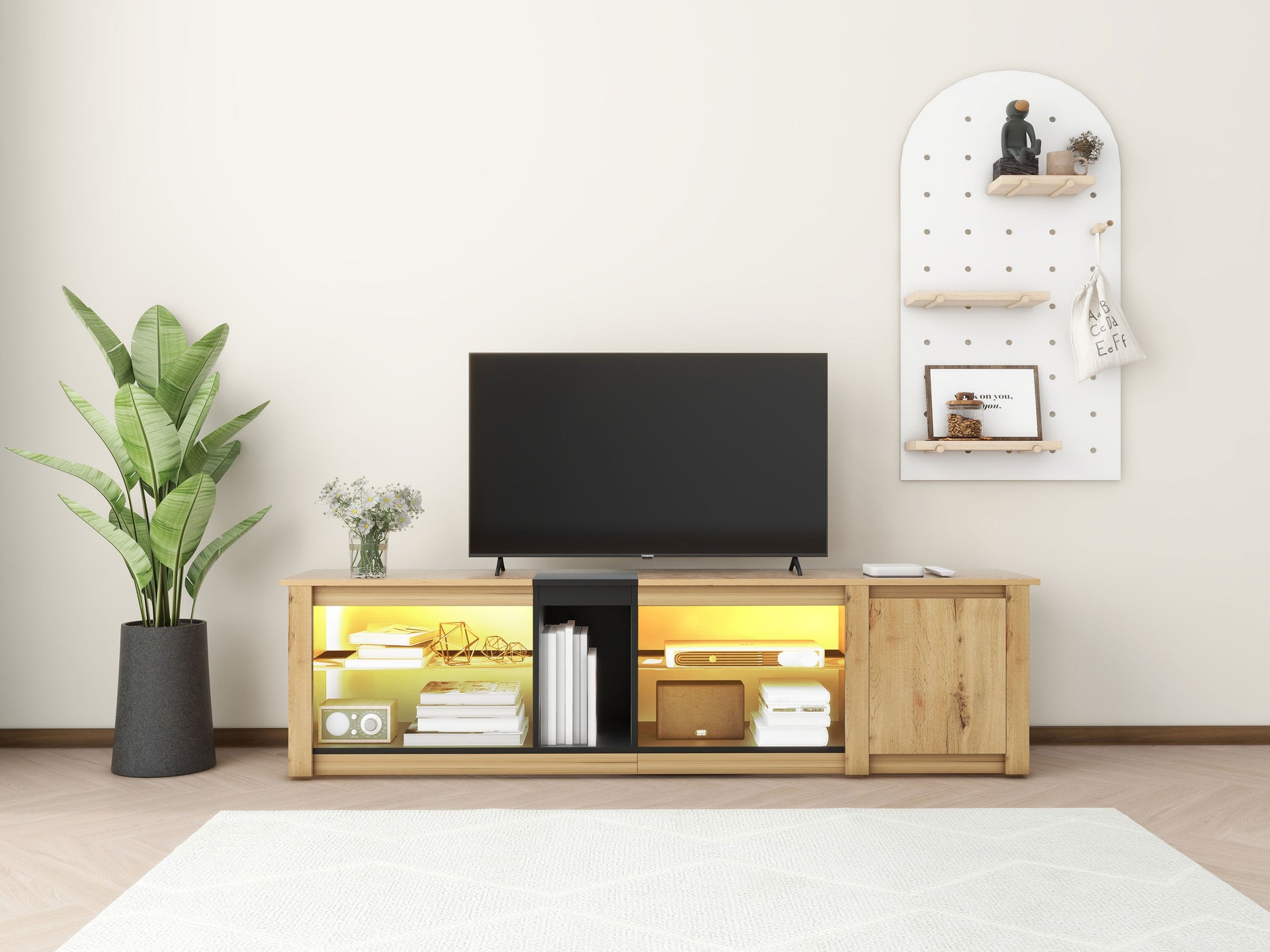 ModernTV stand suitable for TVs under 80 inches, media console with multifunctional storage, and LED lights