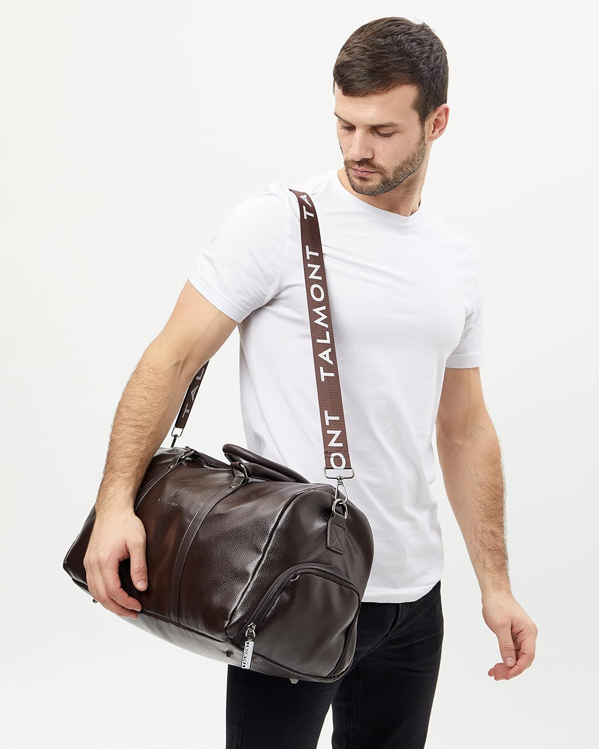 17.7 inch Gym Duffle Leather Bag with Shoe Compartment for Sports Travel - Adjustable Shoulder Strap, Weekender Travel Overnight Bag for Men