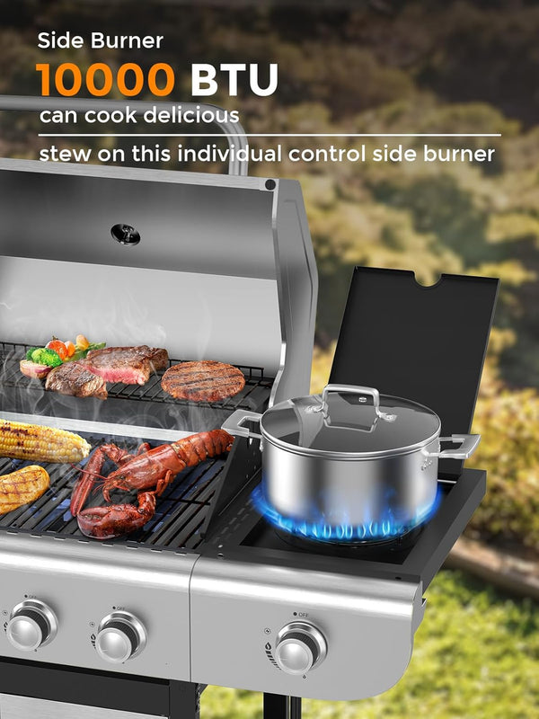 3 & 4-Burner Propane Gas Grills with Side Burners, for Outdoor Cooking, BBQ, Patio, Camping
