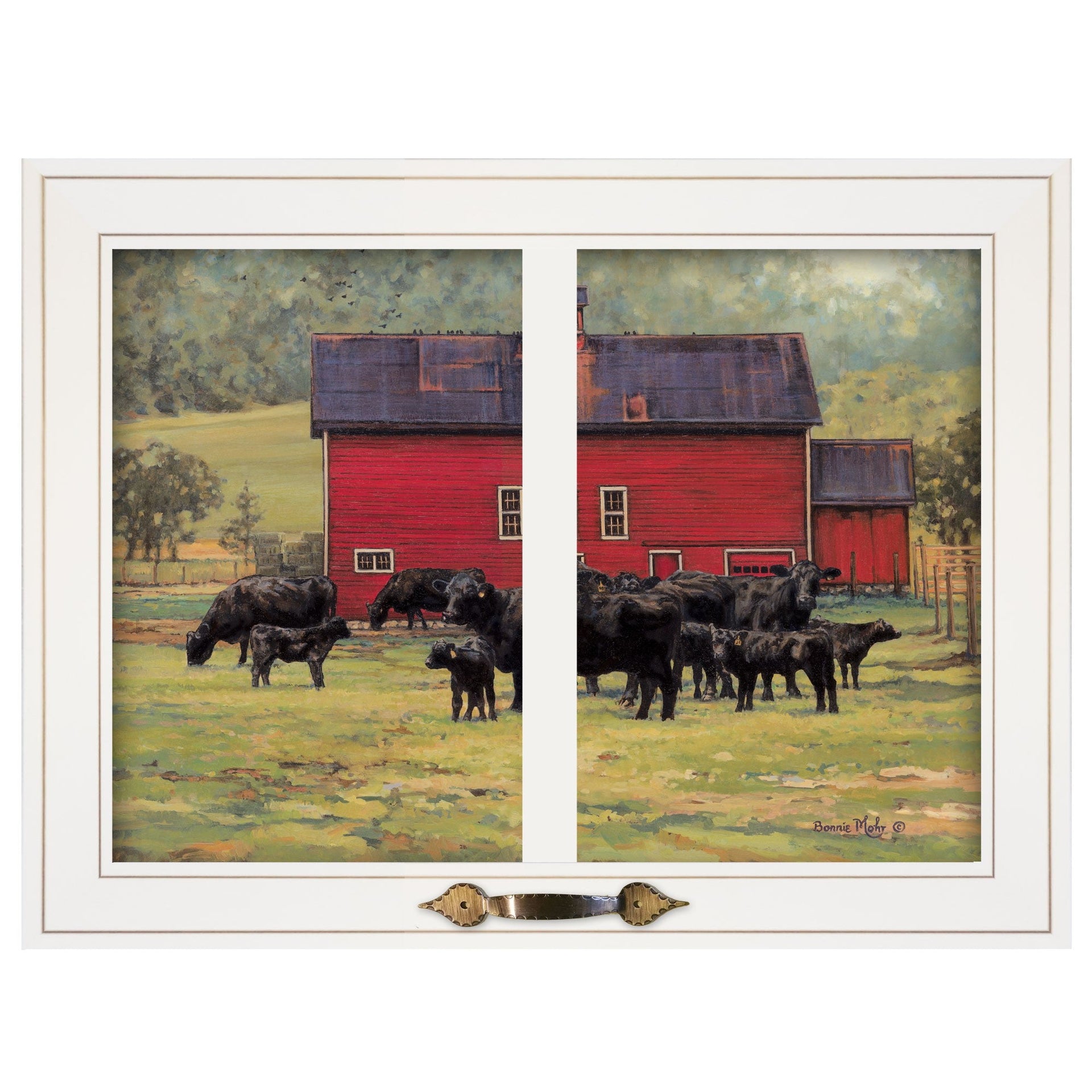 Herd of Black Angus By The Red Barn White Framed Print Wall Art