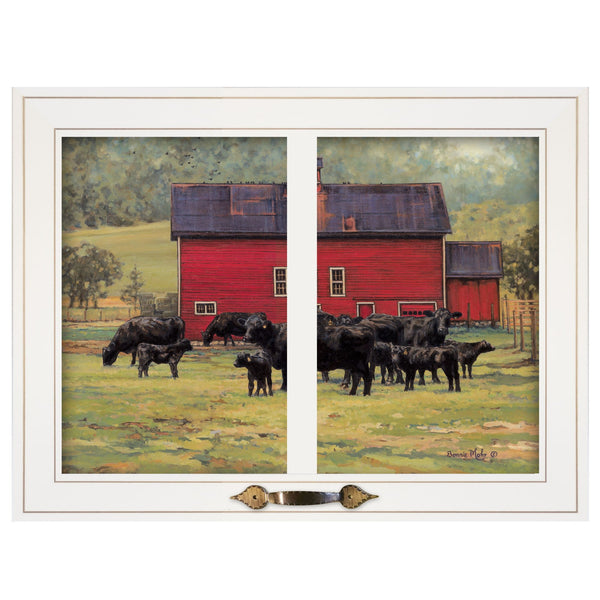 Herd of Black Angus By The Red Barn White Framed Print Wall Art