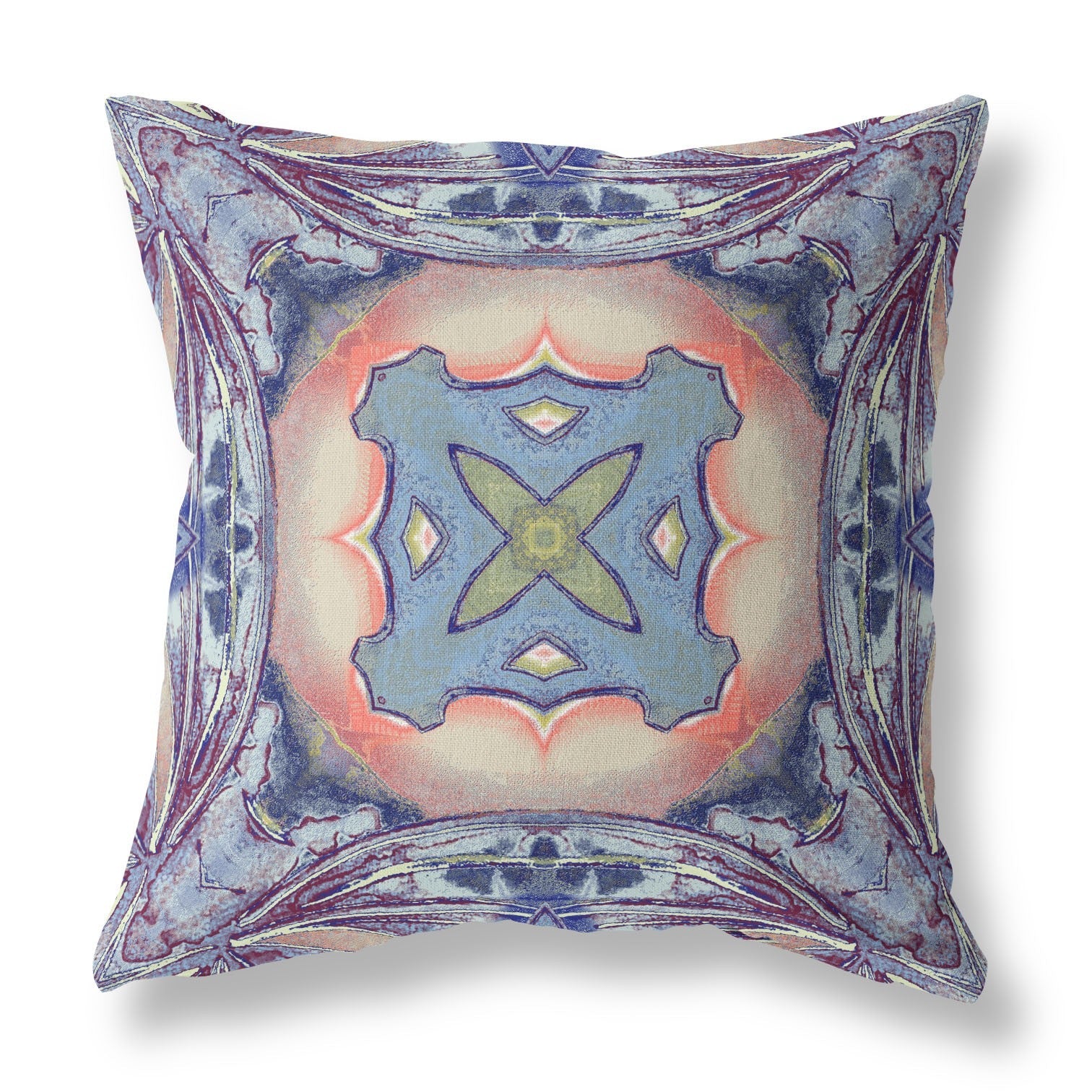 18” Indigo Peach Geo Tribal Indoor Outdoor Throw Pillow