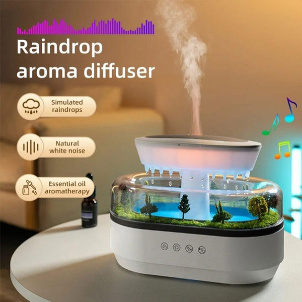 Raindrop - style aroma humidifier with lights, white noise, and essential oil diffusion for home.