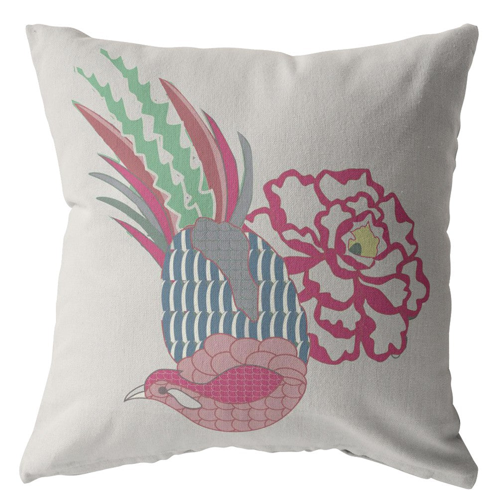 18” Pink White Peacock Indoor Outdoor Throw Pillow