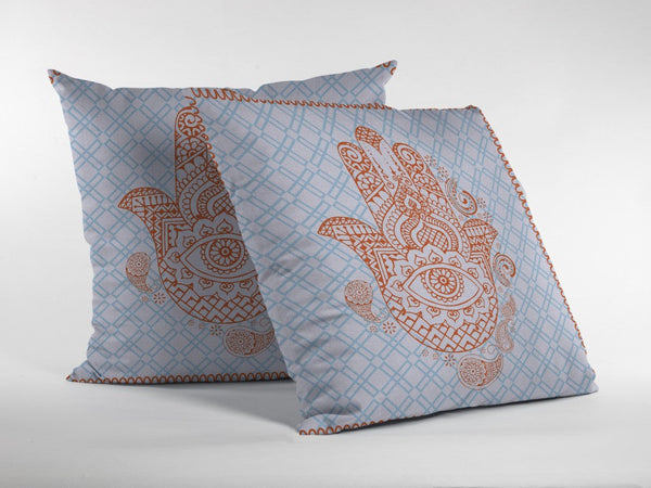 18” Blue Orange Hamsa Indoor Outdoor Zippered Throw Pillow