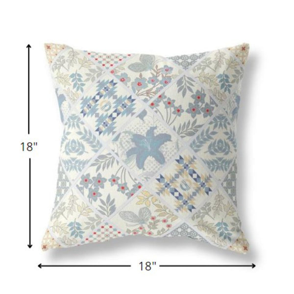 18” White Blue Patch Indoor Outdoor Throw Pillow