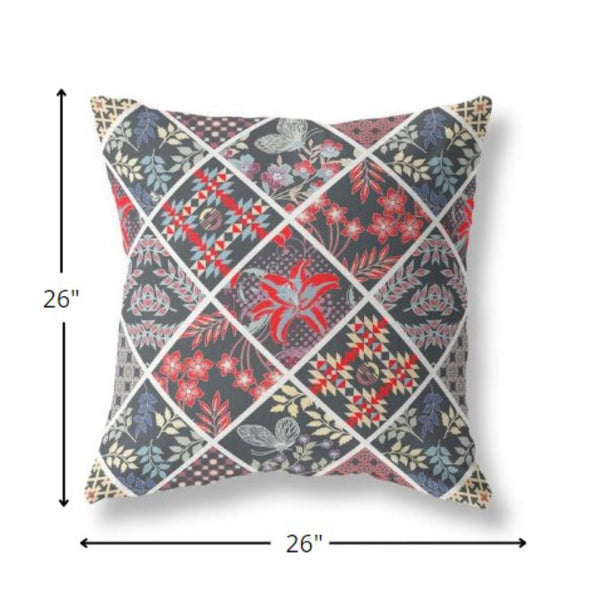 18” Black Red Patch Indoor Outdoor Throw Pillow